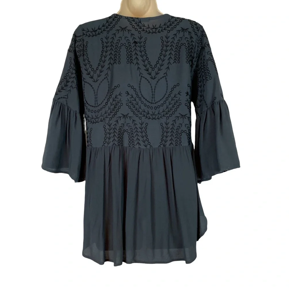Flowers Of Romance Womens Blouse Black Bell Sleeve V Neck Tassel Embroidered XS - Picture 2 of 9